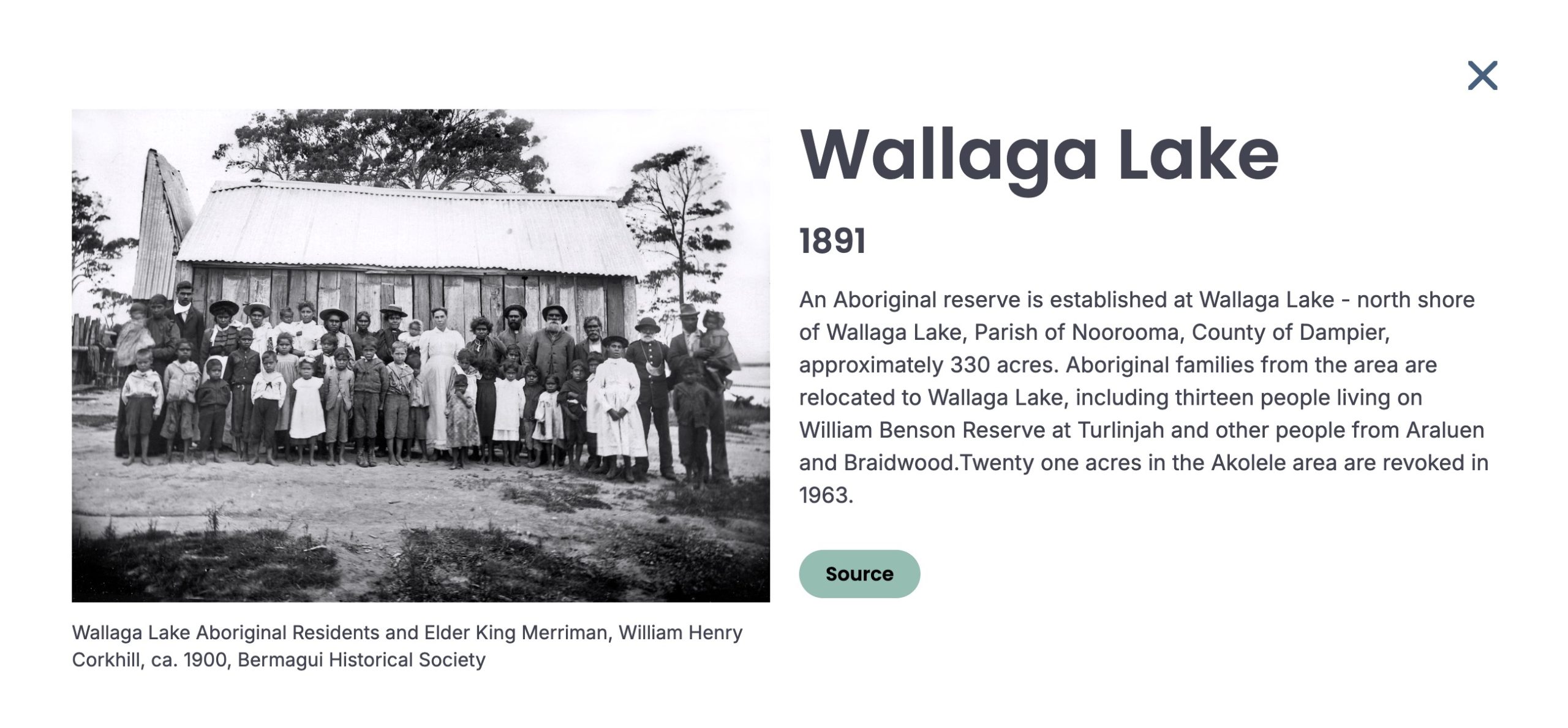 Yuin & National Timeline modal dialogue from 1891, Wallaga Lake 